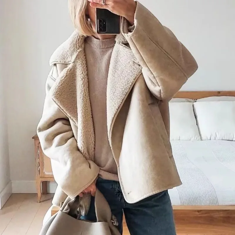 Women 2026 Autumn Winter New Hot Selling Solid Color Suede Fleece Lined Warm Faux Fur Coat Jacket Outerwear Trendy Chic Fashion