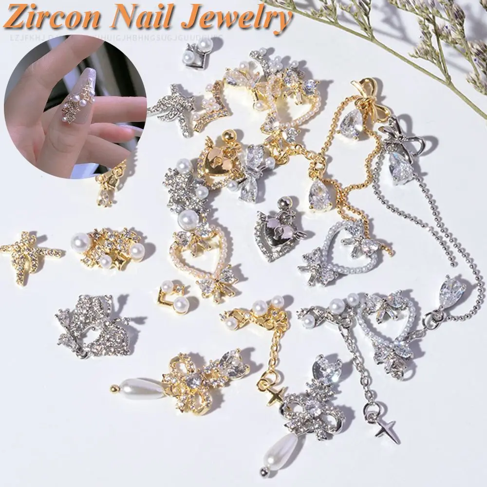 3D Metal Heart Butterfly Bow Crystal Bow Nail Rhinestones Alloy Pendant Chain Nail Art Decorations Heart Nail Zircon Jewelry