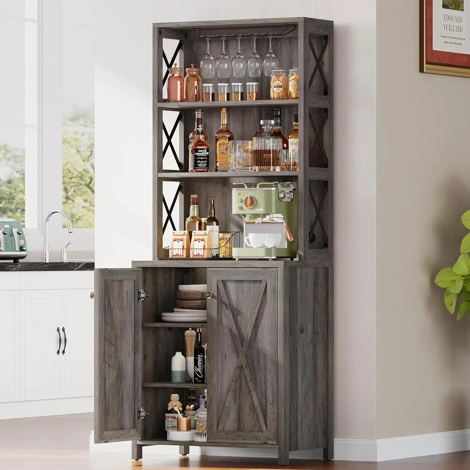 

DWVO 67" Tall Wine Bar Cabinet for Liquor and Glasses, Farmhouse Kitchen Cabinet Coffee Bar with Adjustable Shelves, Open