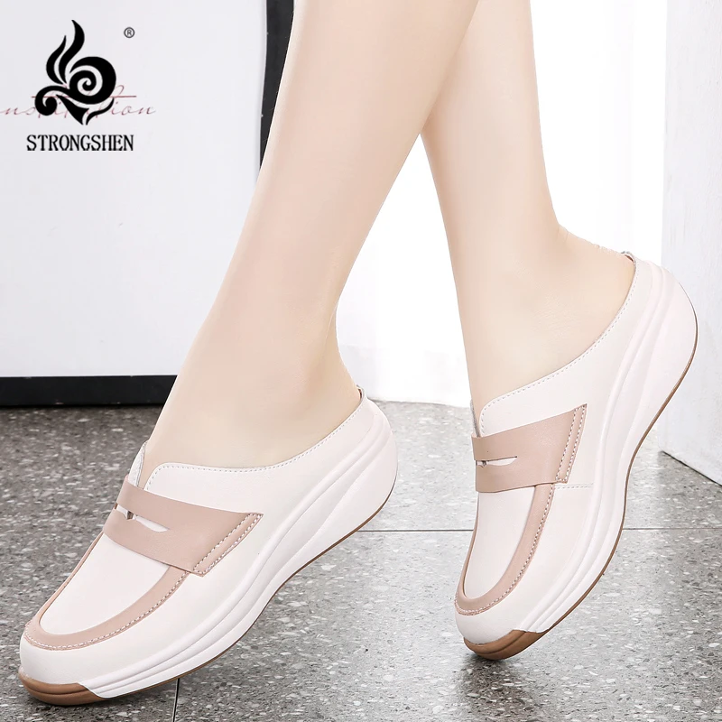 STRONGSHEN Summer Women Half Slippers Shoes Slip On Breathable Leather Shoes Woman Slides Outside Slippers Platform Wedges Shoes