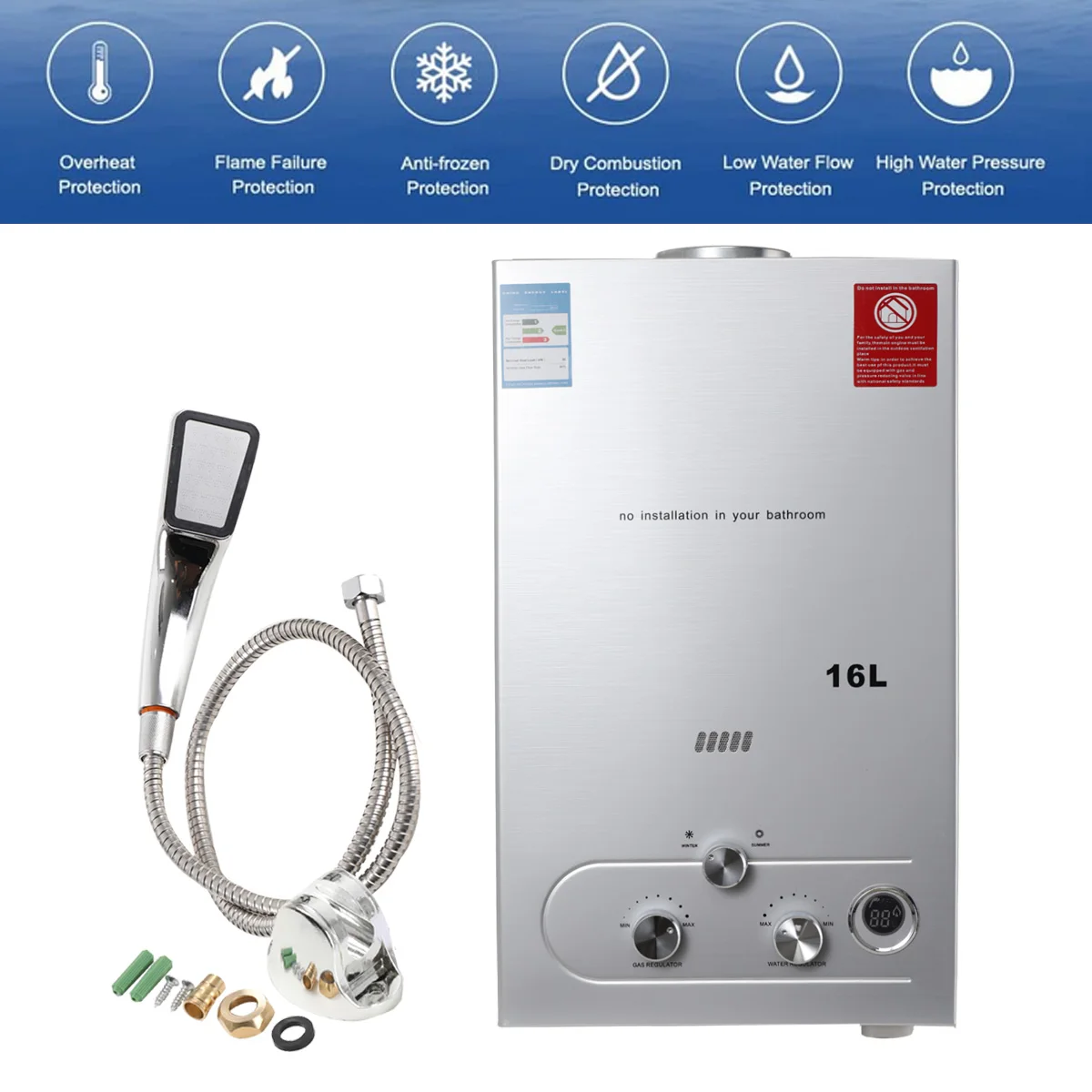 หม้อต้มเครื่องทำน้ำอุ่นเครื่องทำน้ำอุ่นโพรเพนเครื่องทำน้ำอุ่นแก๊ส LPG 32kw สำหรับกลางแจ้งในบ้านการตั้งแคมป์