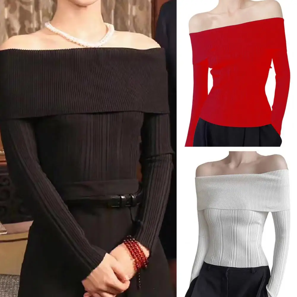 

Women Knitting Tops Sexy One Shoulder Long Sleeve Slim Fit Pullover Tops Solid Color Ribbed Blouse Daily Wear