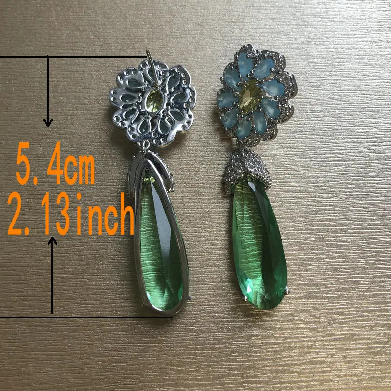 Bilincolor Fashion Blue Flower and Green Zirconia Dangling Drop Earring for Women
