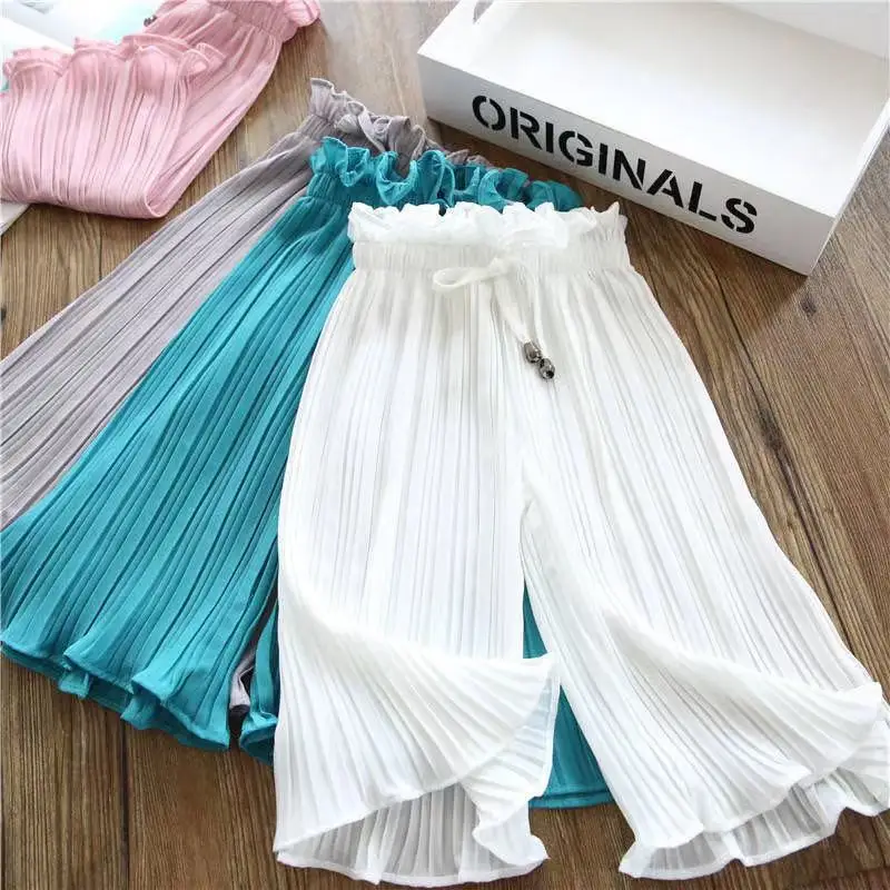 

Childen's Girls Summer Ice Silk Wide Leg Pants Baby Fashion Lace Chiffon Waist Flare Trousers Kids Girl Loose Buttom Clothes