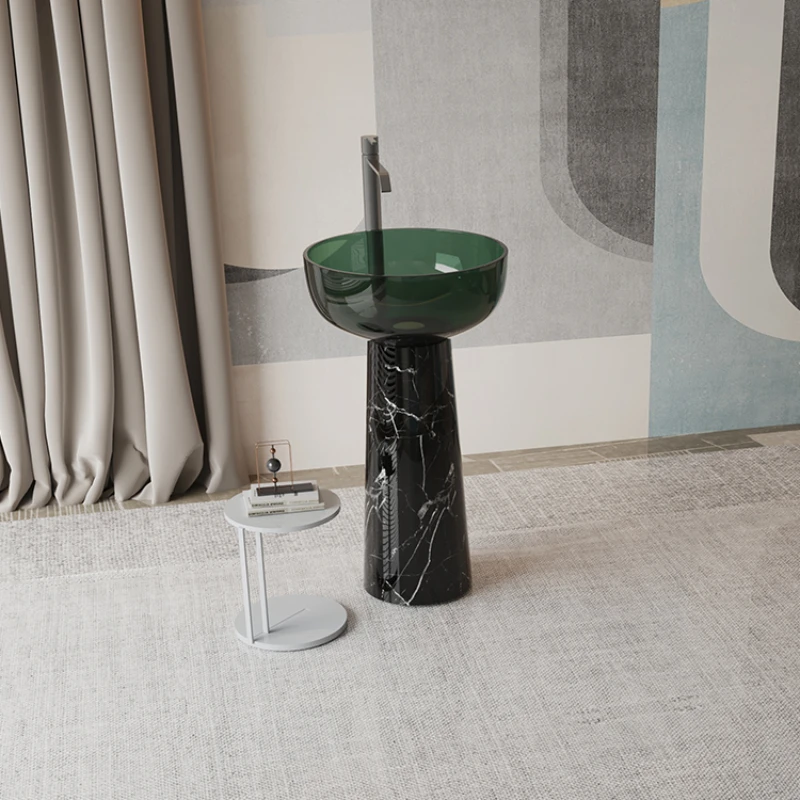 Black and white marble artificial matcha green transparent resin floor-to-ceiling hand washbasin washbasin column basin