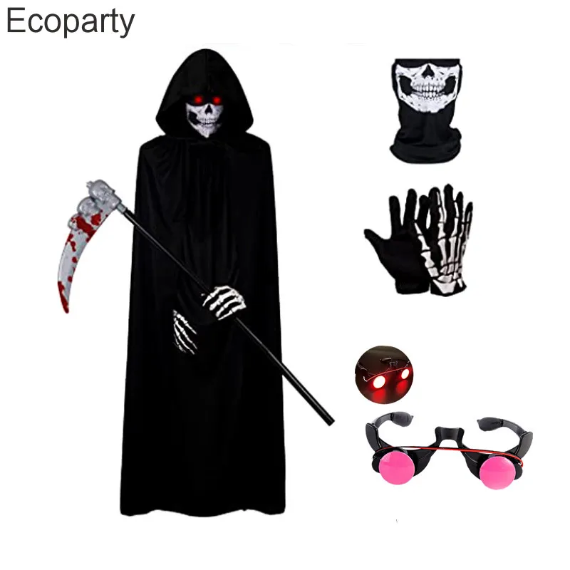 Halloweenowy kostium dla dorosłych Horror czerwonych oczu kostium kosa diabła ciemnego posłańca duch Cosplay stroje męskie dla dzieci Purim Dress