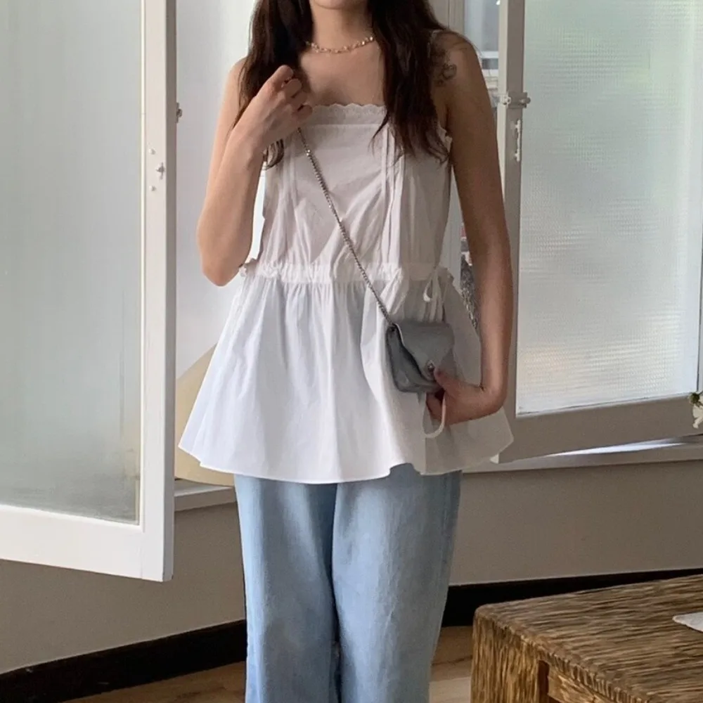 Verão fre doce em camadas saia dr feminino sle emenda plissado menina dstring colete strapl vestido de renda branca retalhos