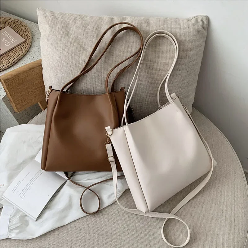 Simple Women Bucket Shoulder Bags New Solid Color Handbags 2023 Retro Large Capacity Tote Bags Large Capacity Pu Leather Bags