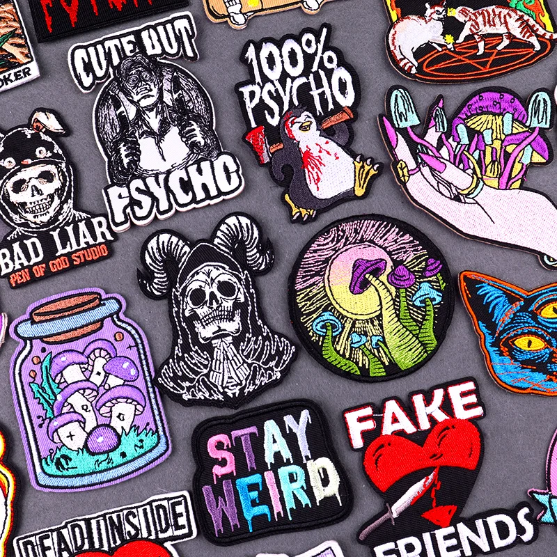 100% Psycho Embroidery Patches For Clothing Stay Weird Iron On Patches Skull Clothing Applique Stickers Decoration Fusible Patch