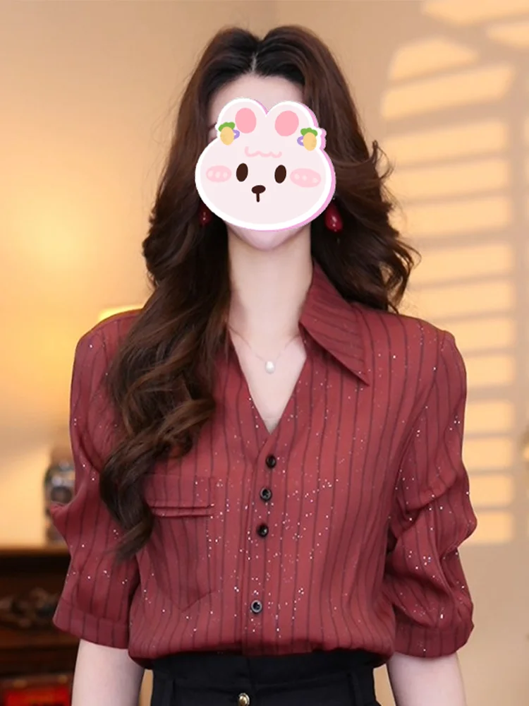 

Fashionable Loose Women's Shirt Summer New Style Retro Hong Kong Style Casual Slimming Top Breathable Short Sleeve Neck