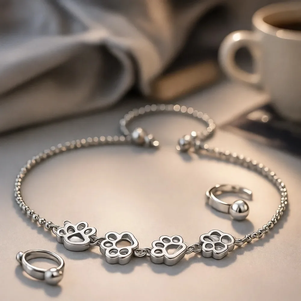 

Регулируемый браслет-слайдер из стерлингового серебра с отпечатком лапы для любителей домашних животных