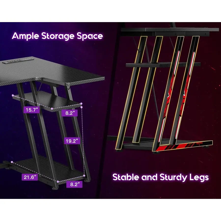 Small Gaming Desk with LED Lights amp Power Outlets, 39 Inch L Shaped Gaming Computer Desk with Storage Shelf, Gamer Table with