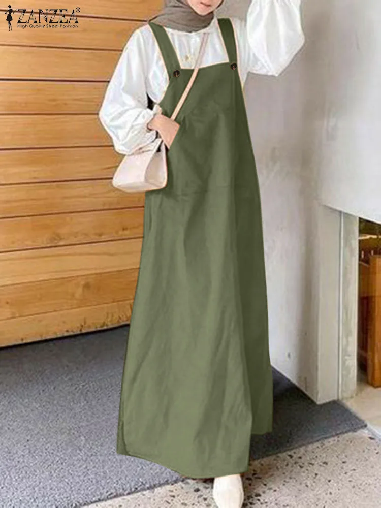 

ZANZEA Fashion Summer Women Strap Solid Long Sundress Casual Muslim Dubai Turkey Abaya Hijab Dresses Robe Femme Overalls Dress