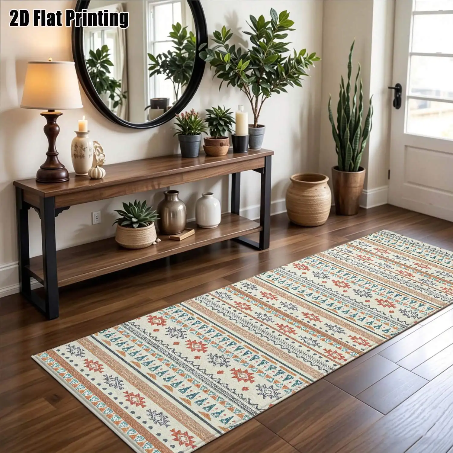 1Pc 2D Printed Long Strip Rug, Blue Red Geometric Patterns, Nordic/Modern Minimalist/European/Bohemian Designs, Machine Washable, Multi-Size, Home Decor for Entryway, Hallway, Living Room, Bedroom