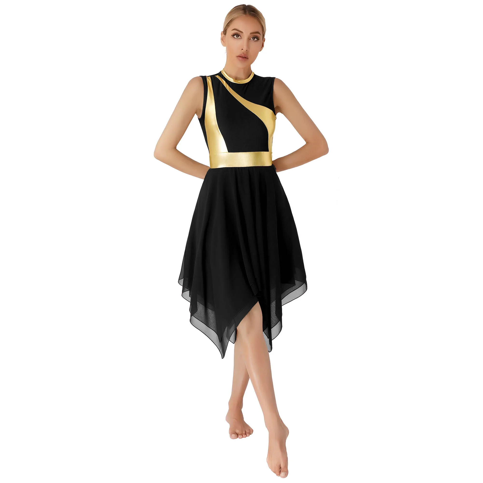 Lyrical Dance Costume Women Color Block Praise Liturgical Tunic Dress Sleeveless Zipper Irregular Hem Dress for Modern Dancewear