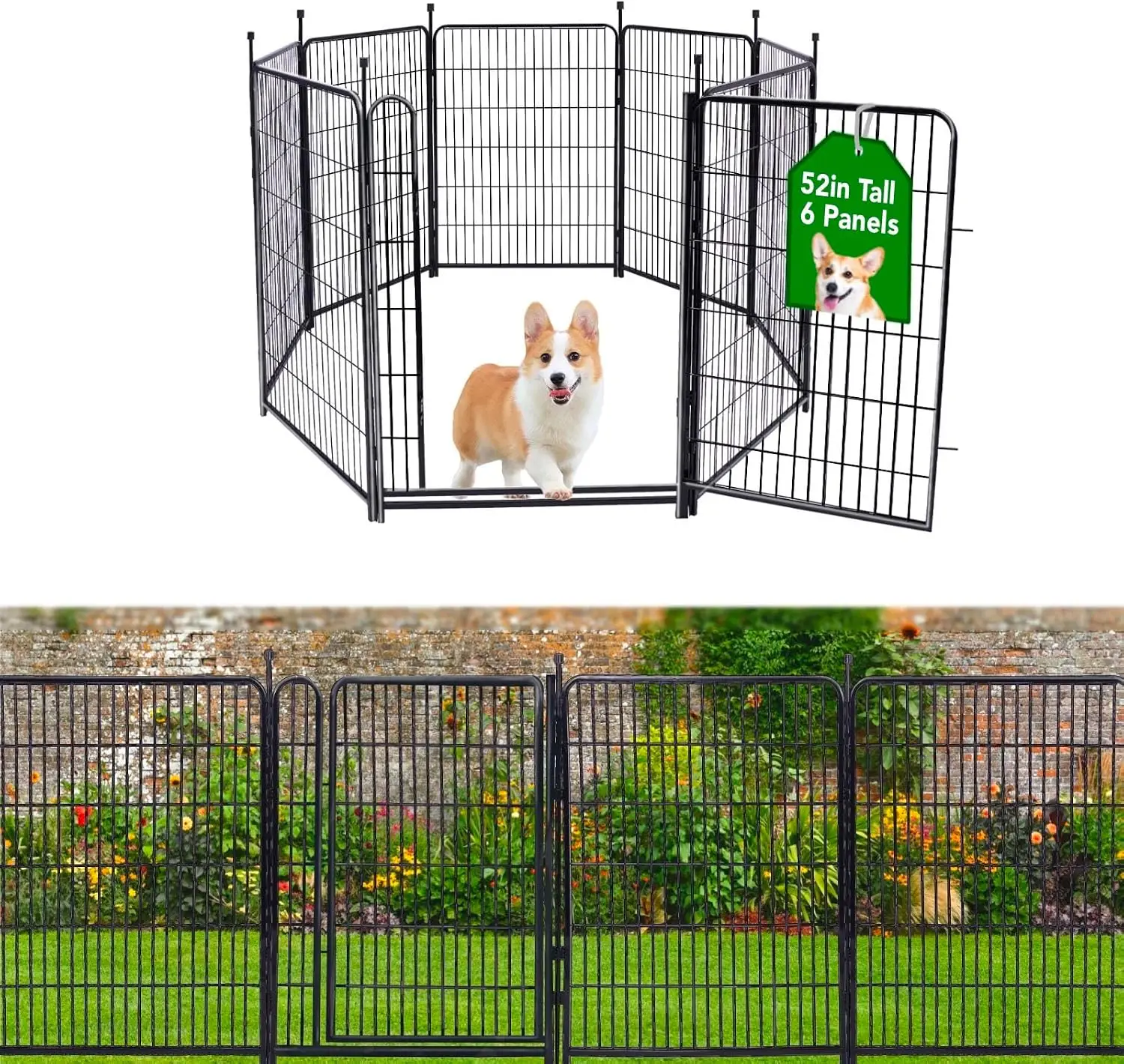 Tall Garden Fence, 52in High 6 Panels Total 13.3 Ft(L) Dog Fence Outdoor for Yard, 21 inches Wide with Low Sills, Animal