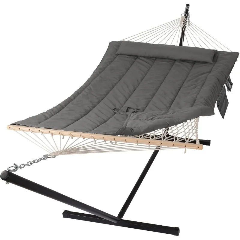 

Double Outdoor Hammock with Stand, Two Person Cotton Rope Hammock with Polyester Pad,