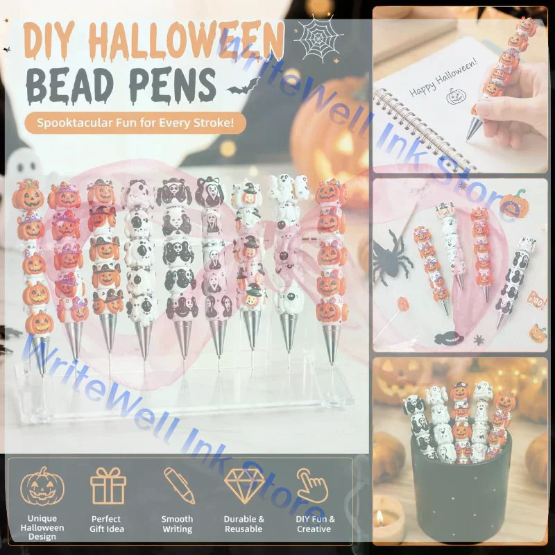 Halloween Pumpkin Bead DIY Crafting Pens Making Kit Ballpoint Pen Beaded Rhinestone Pen For Students School Office