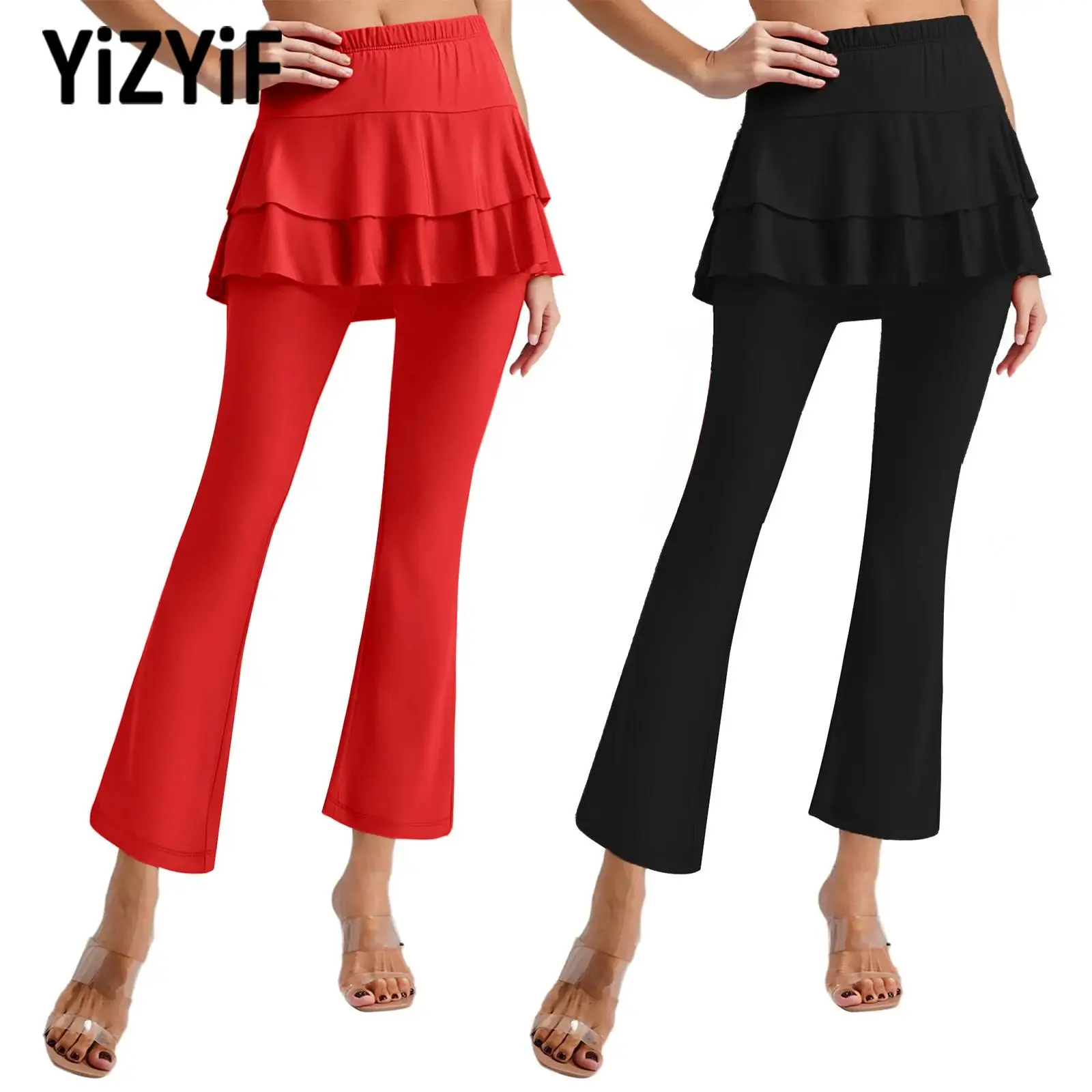 

New Womens Latin Dance Ballroom Dance Costume Stretchy Culottes Pants Wide Leg Long Pants with Skirt for Performance Competition