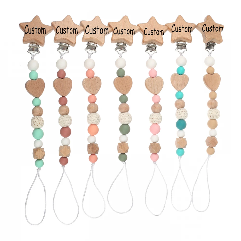 

Customized Name Wooden Personalized Baby Pacifier Chain Silicone Beads Dummy Nipple Holder Guard Teether Pendant Baby Gift Stuff