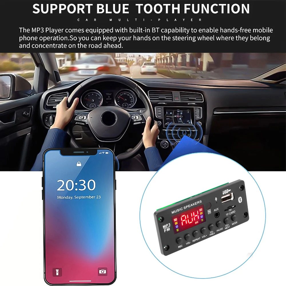 7-15V 50W Amplifier 2*25W Car MP3 Player Decoder Board Bluetooth 5.0 USB Recording Module Handsfree Support FM AUX Recorders