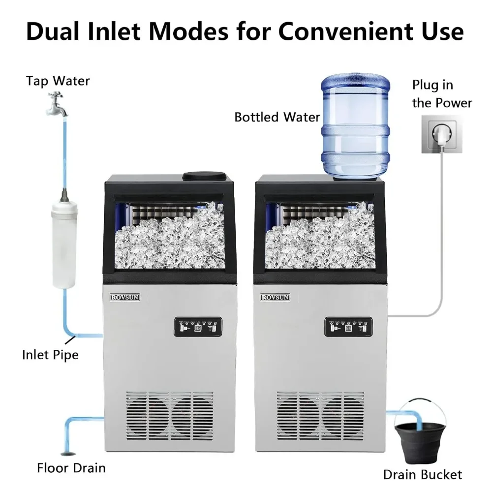 110lbs/24H Commerciële Ijsmaker Machine Met 2 Waterinlaten, Vrijstaand Met 24Lbs Opslagbak, Ijsschep & Waterfilter