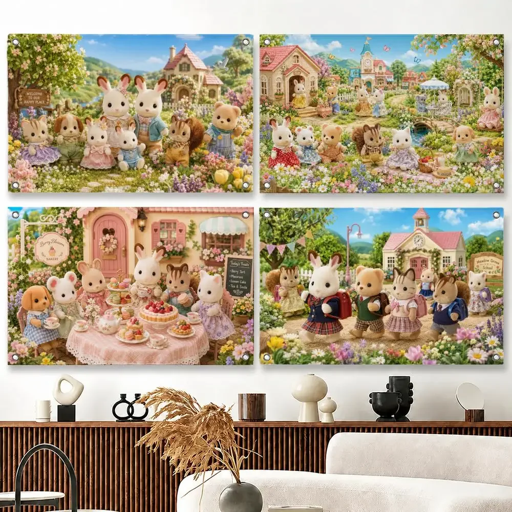 Drapeaux d'animation Sylvanian Families, adaptés pour les fêtes, les clubs, la décoration murale intérieure et extérieure, bannière, cadeau pour les fans