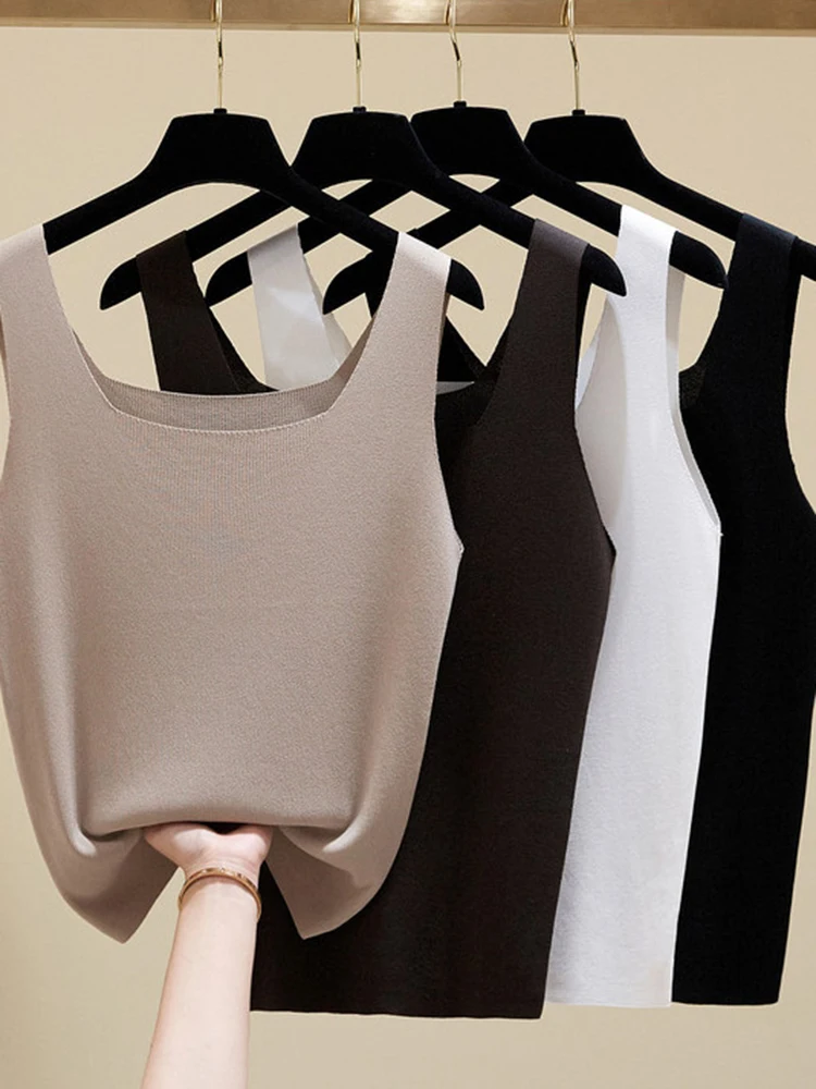 Summer Off Shoulder Tank Tops Women Fitness Short Camis Vest Female Knitted Sexy Square Collar Solid Crop Tops