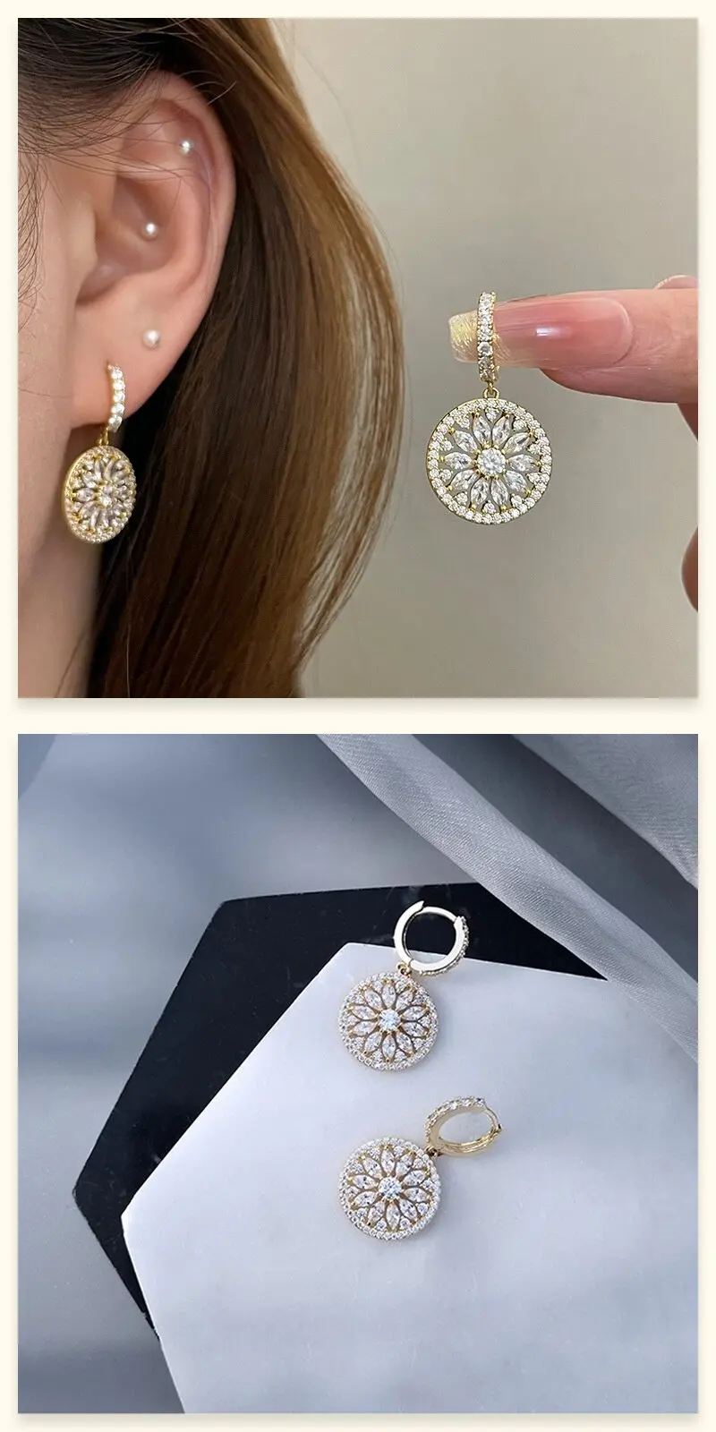 2026 Luxuriöse, glänzende, mikrobesetzte Zirkon-Ohrringe mit 18K Goldplattierung, runde Anhänger für Damen, Vintage-Schmuckzubehör für Hochzeiten und Partys – Detail 5