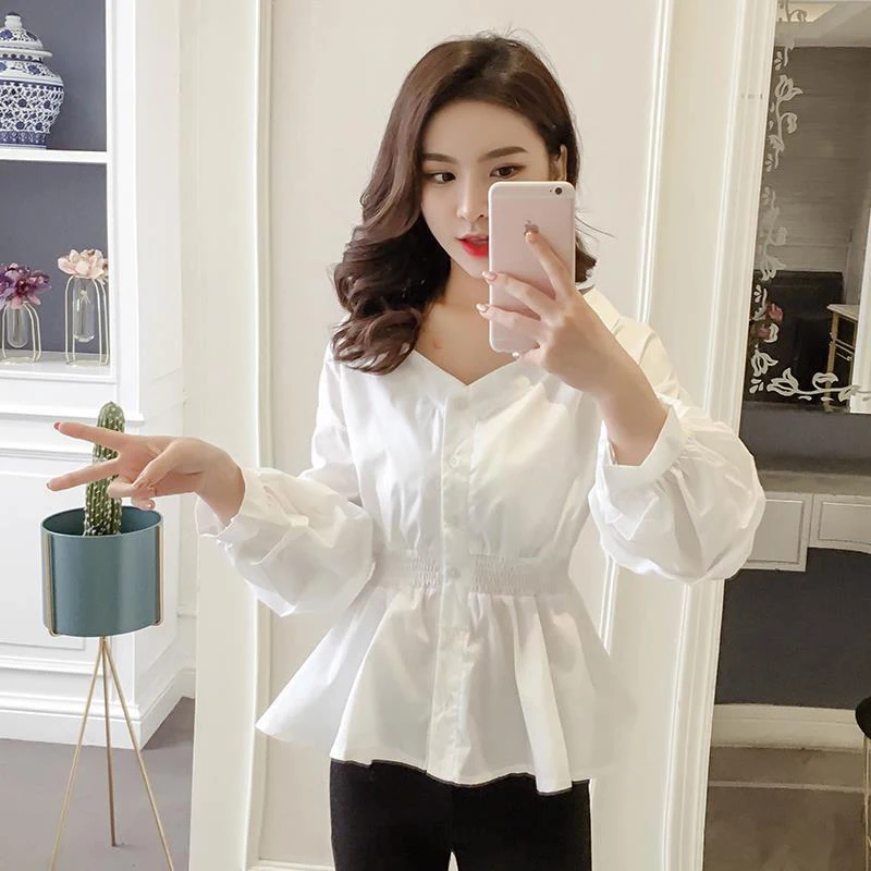 Babydoll Puff Long Sleeve White Shirt Women Tunic Elegant Ruffle Blouse Korean Chic Feminine Top Lady Office Work Wear Button Up