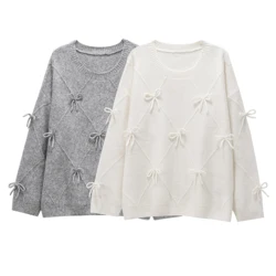 Bow Sweater Women Autumn Winter New Lazy Style Loose Outer Wear Design Anti-aging Knitted Pullover Top ﻿1269568