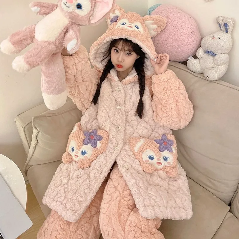 New Cartoon Kawaii Girl Heart LinaBell Series Pajamas Disney Cute Autumn and Winter Warm Thickened Casual Homewear Set Wholesale