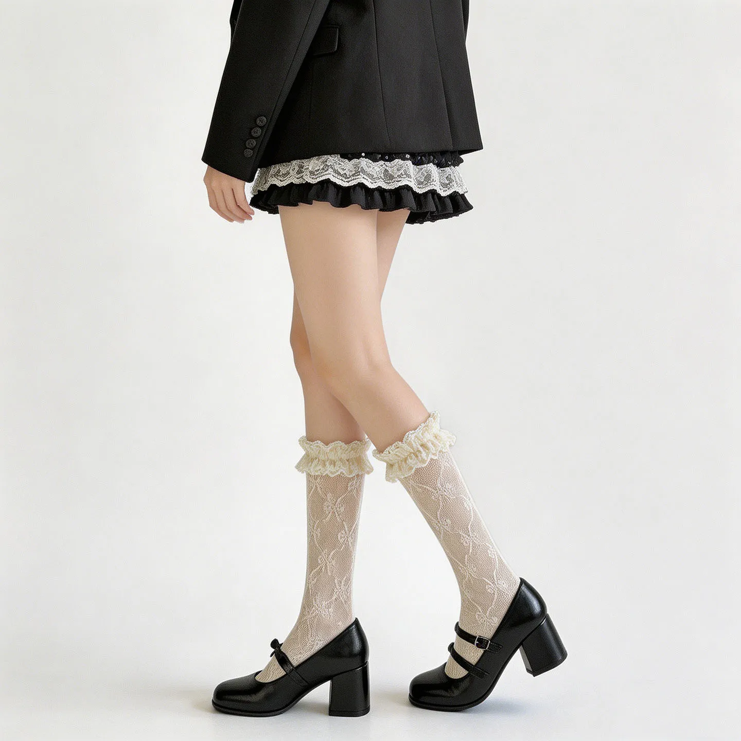 Japanese Lolita Style Teen Girls Lace Ruffle All Over Bowknot Subtle Jacquard Long Tube Soft Elastic Sweet Princess Slouch Socks