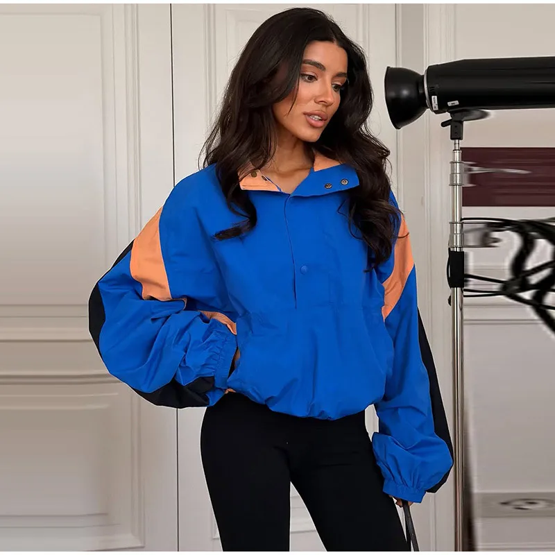 Elegant Contrast Jacket Women Loose Full Sleeve Stand Collar Button Jackets Female 2026 Fashion Autumn Outwear Lady