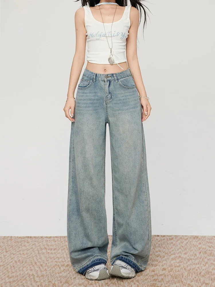 

Американские ретро синие широкие джинсы женские летние новые свободные тонкие прямые брюки с высокой талией длиной до пола повседневная одежда джинсовая одежда