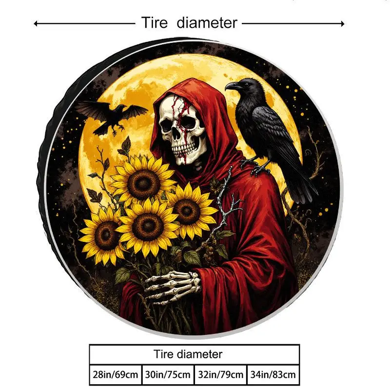 Gothic Skull Sunflower Crow Moon Personality Tire Cover, Polyester Dustproof Sunscreen Universal Car Spare Tire Cover, Halloween