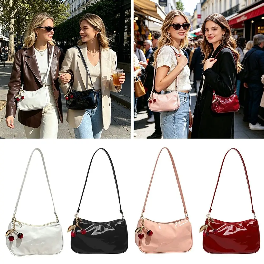 Fashion PU Leather Shoulder Bag with Cherry Pendant Casual Commuting Tote Bag Elegant Solid Color Underarm Bag Travel