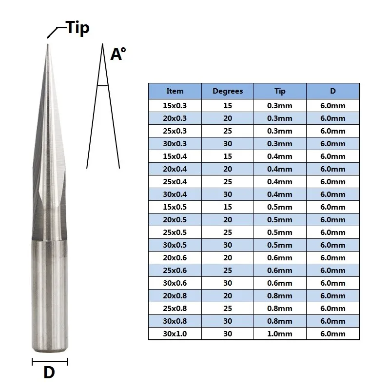 Mèche de gravure en forme de V pour PVC acrylique, fraise droite, 2 cannelures, tige de 6mm, CNC, mèche mise en œuvre, Leuven, 15-30mm, 0.3-1.0mm