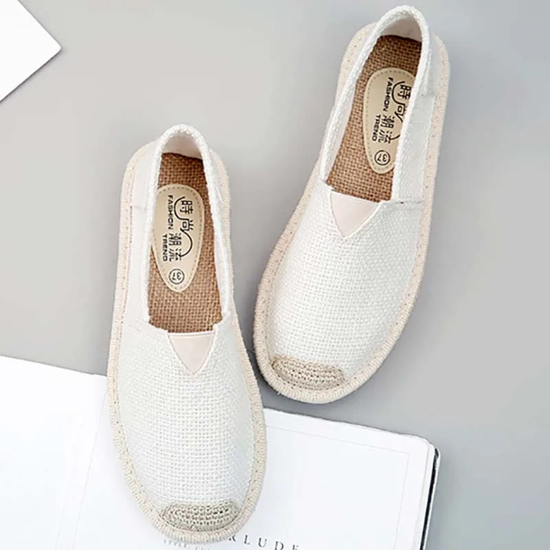 2023 Ladies Casual Comfort Ripped Slip On Lazy Shoes Female Womens Flat Slip On Canvas Summer Strap Loafers Straw Espadrilles