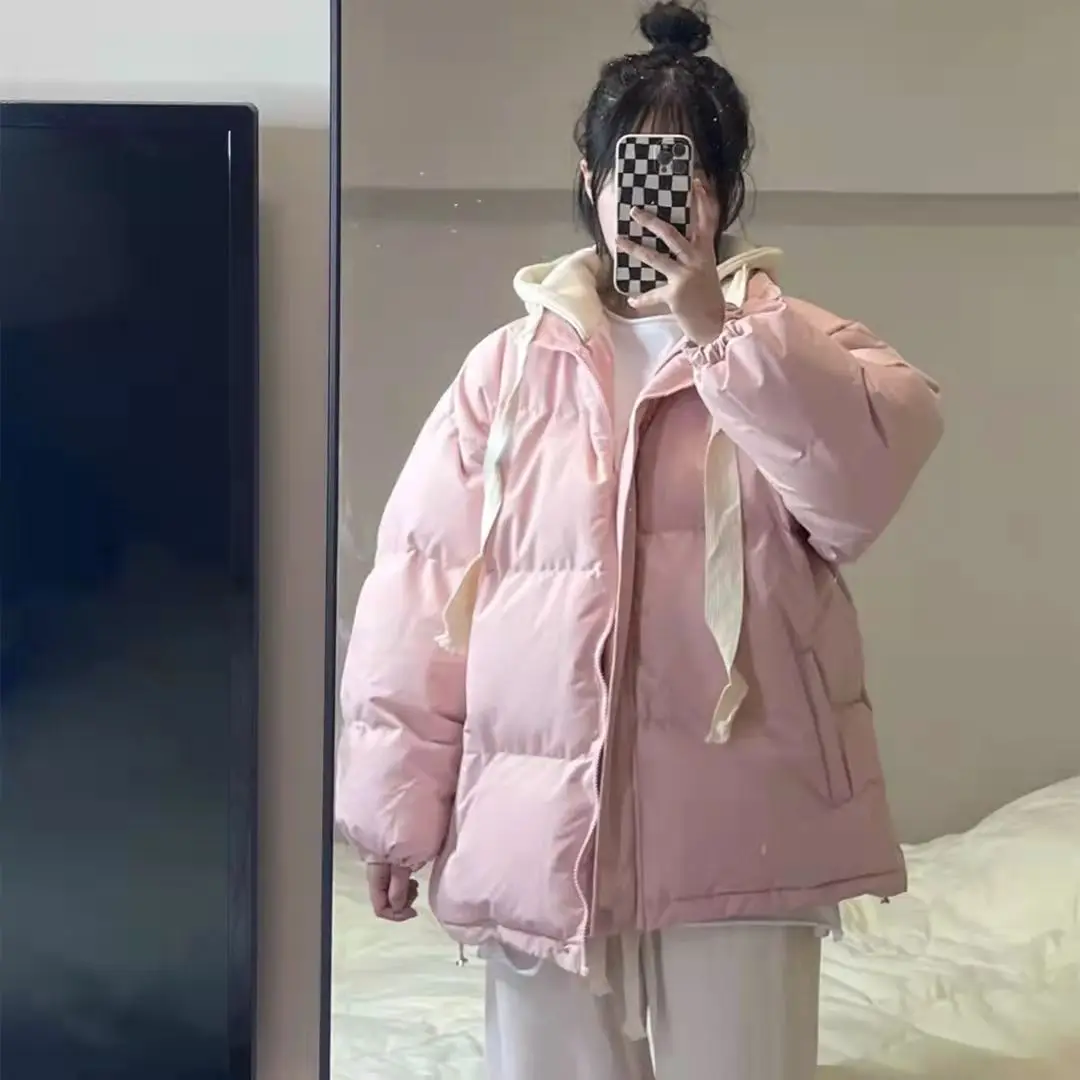New Winter Thick Warm Fake Two Pieces Down Cotton Jacket Woman Parkas Overcoat Autumn Female Korean Loose Puffer Outerwear Black