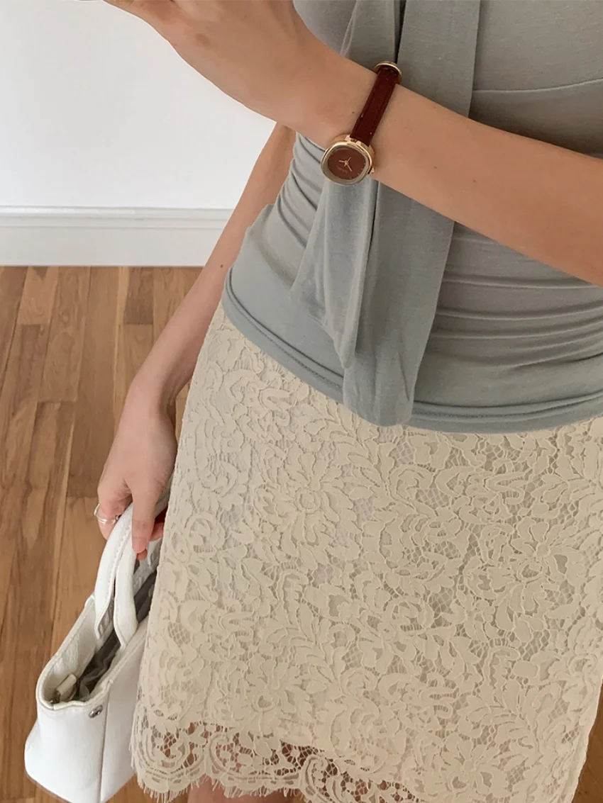 Alien Kitty Sommer, figurbetont, schmal geschnitten, mittellange Röcke für Damen, Spitze, Blumen, 2025, sanfte hohe Taille, Bürodame, Arbeitskleidung, Neu