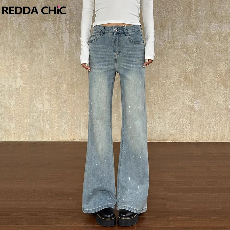 

ReddaChic Women Rhinestone Bootcut Denim Pants Vintage Stretch High Waist Distressed Relaxed Bell Bottoms Korean Everyday Wear