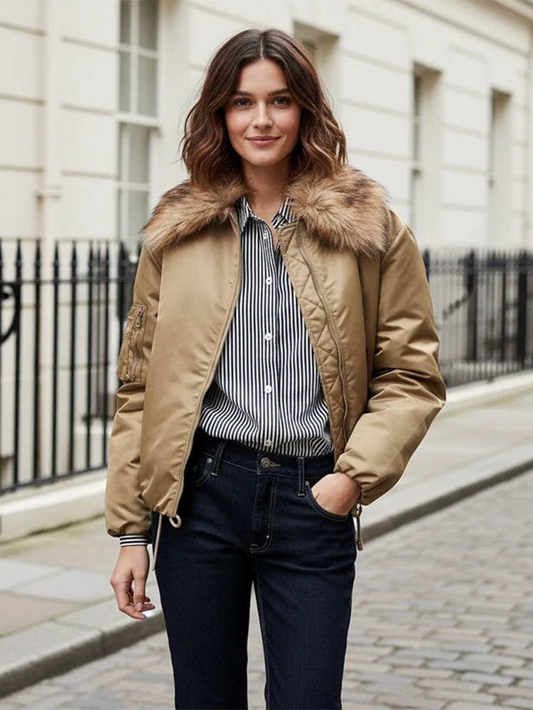 سترة قصيرة برباط وياقة من الفرو سترة غير رسمية متينة وأكمام طويلة وسحاب فضفاض للنساء سترات دافئة 2025 ملابس خارجية للتنقل في الشتاء #3