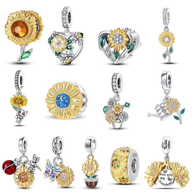 

New in 925 Sterling Silver Fashion Golden Sunflowers Heart Sun Charms Beads Fit Pandora 925 Original Bracelets DIY Jewelry Gifts