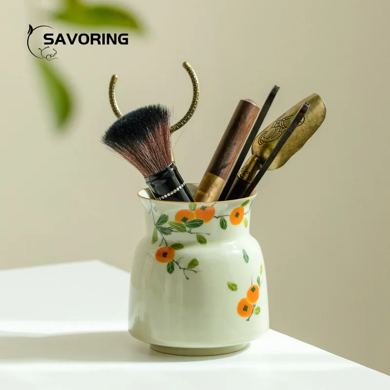 Hand Painted Persimmon Tea Tool Set Six Gentlemen Chinese Knife Shu Puer Tea Needle Spoon Ceramic Storage Bucket Tea Accessories