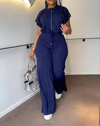 Pants Set Women Zipper Drawstring Short Sleeve Top High Waist Split Wide Leg Pants Summer Elegant Tracksuit 2 Piece Set Outfits
