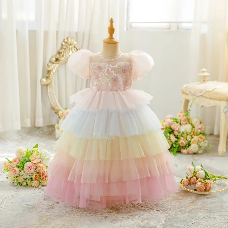 Girls Dress New Princess Dress Children's Korean Version Bubble Sleeve Sequin Mesh Contrasting Color Cake Dress
