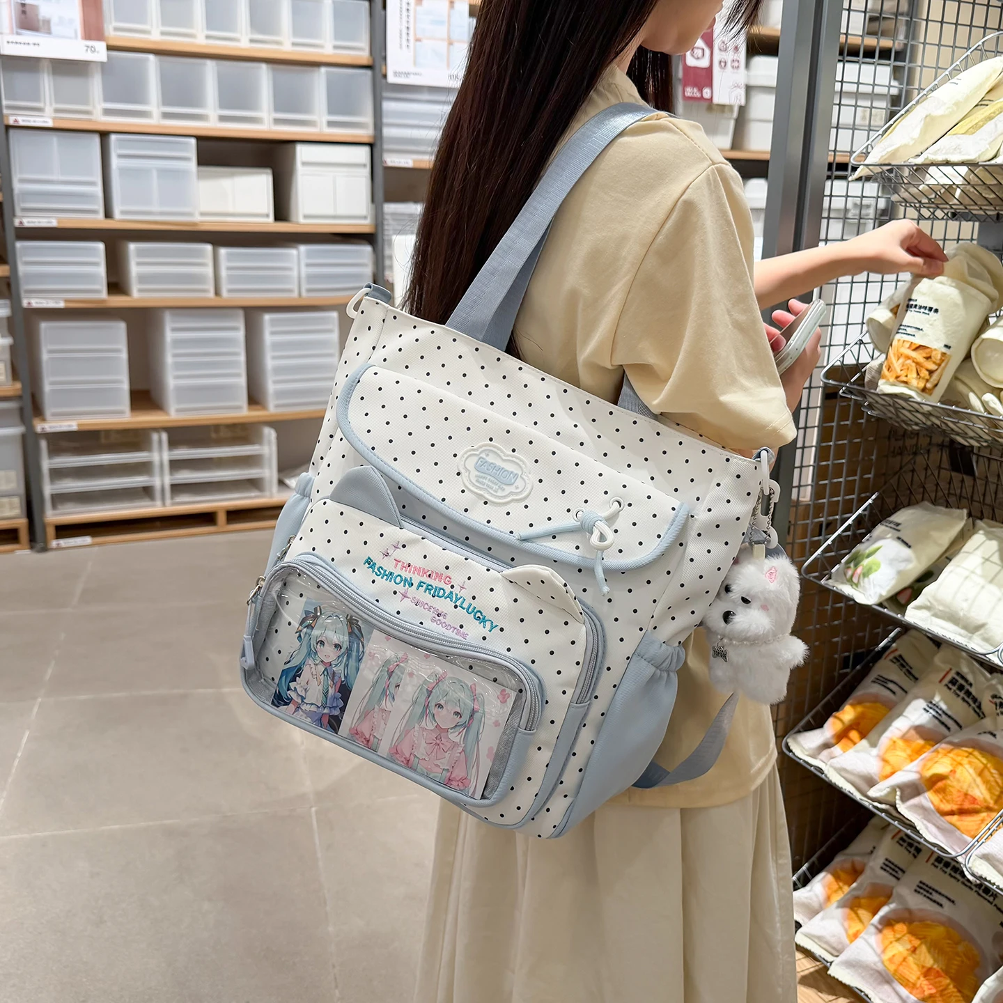 Tas Tangan Kawaii Polka Dot Ita Tote Tas Sekolah Saku Transparan Gaya Preppy Baru Tas Bahu Lucu Kapasitas Besar untuk Remaja Perempuan