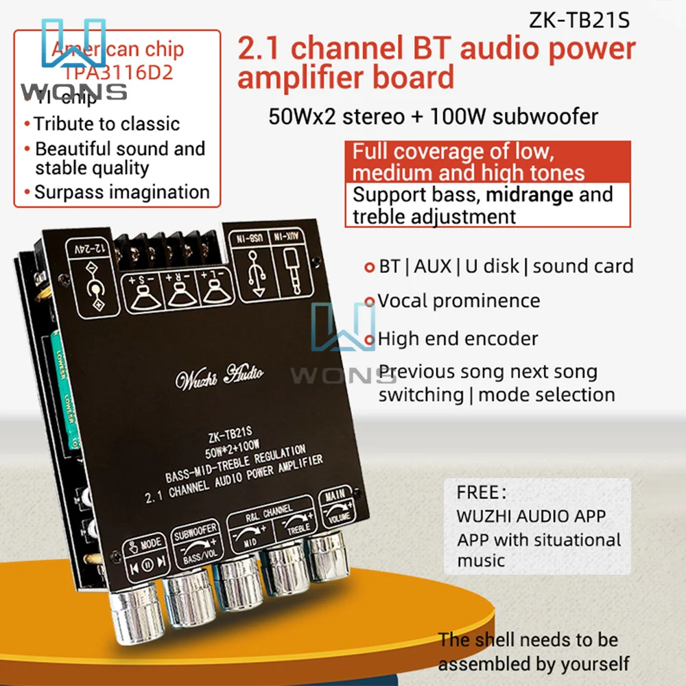 ZK-TB21S 2.1-channel for Bluetooth Audio Amplifier Board Module Subwoofer Mid-range Treble TPA3116 DC 12V~24V