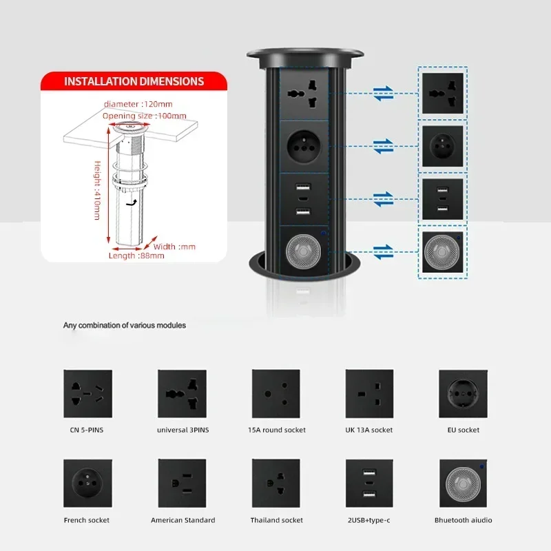 Desktop outlet multi layer Desktop Worktop Table US UK EU FR extension lead usb smart power pop up kitchen electric tower socket